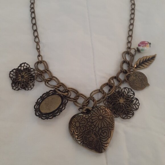 Victorian Style Brass- Look Charm Necklace - Picture 3 of 3